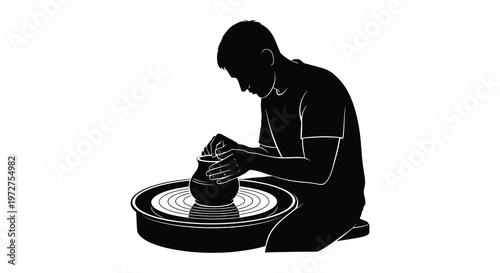 A black silhouette depicts a potter carefully shaping clay on a spinning wheel showcasing artistic skill and dedication silhouette high quality