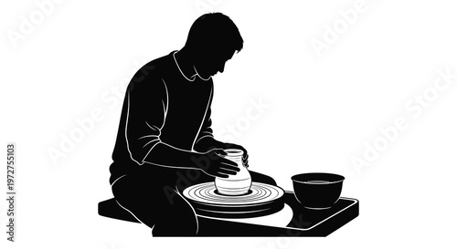 A craftsman intensely focuses on shaping clay on a pottery wheel presented as a striking silhouette high quality professional detailed modern