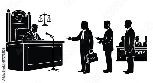 A courtroom scene depicts a judge lawyers and witnesses rendered in a striking black silhouette high quality professional detailed modern elegant