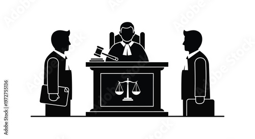 A stark depiction of a courtroom scene with a judge and two individuals all rendered as a silhouette high quality professional