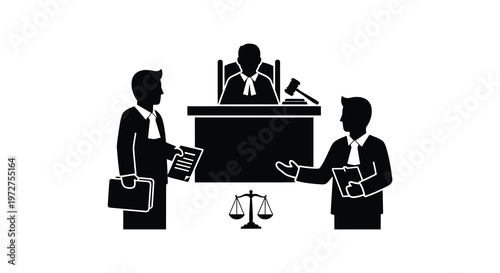A courtroom scene depicts a judge lawyer and client in a stark black design a striking silhouette high quality professional detailed