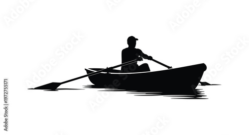 A solitary rower navigates calm waters in a small boat creating a striking black silhouette high quality professional detailed modern elegant