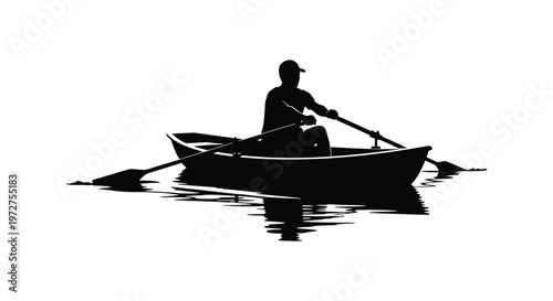 A lone rower navigates calm waters in a small boat creating a striking dark silhouette high quality professional detailed modern elegant