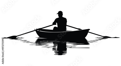 A solitary rower navigates calm waters in a small boat creating a striking dark form silhouette high quality professional detailed modern