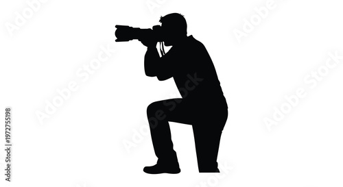 A photographer kneels intently aiming a professional camera capturing a moment in a striking silhouette high quality detailed modern elegant stylish