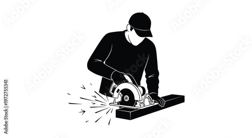 A craftsman uses a circular saw on a wooden plank depicted as a striking black silhouette high quality professional detailed modern
