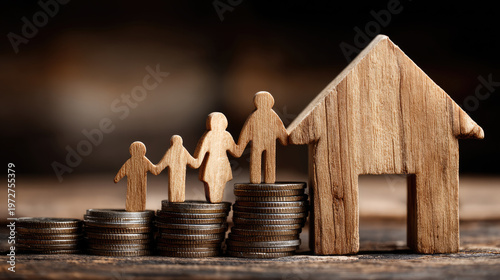 Wooden house miniature and family figures standing on ascending stacks of coins, illustrating concepts of long term savings, financial growth, and real estate investment for family security