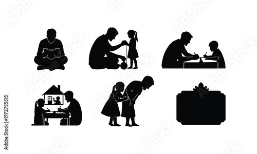 Silhouettes of family members engaging in educational and household activities together