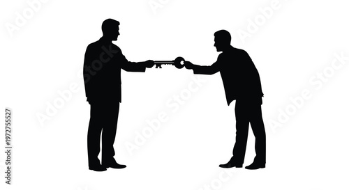 Two businessmen facing each other reaching for a key in a dramatic stark contrast silhouette high quality professional detailed modern elegant