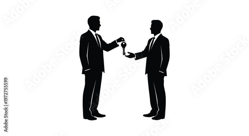 A formal exchange of keys between two suited men facing each other in a stark contrasting silhouette high quality professional detailed
