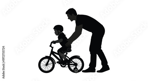 A father guides his young son learning to ride a bicycle a heartwarming moment captured in silhouette high quality professional detailed