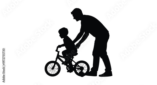 A father lovingly supports his young child learning to ride a bicycle captured in striking silhouette high quality professional detailed modern
