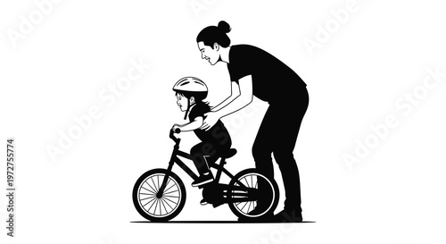 A mother lovingly assists her child learning to ride a bicycle captured in a striking black silhouette high quality professional detailed