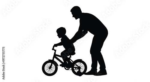 A father assists his young child learning to ride a bicycle captured in a striking black silhouette high quality professional detailed