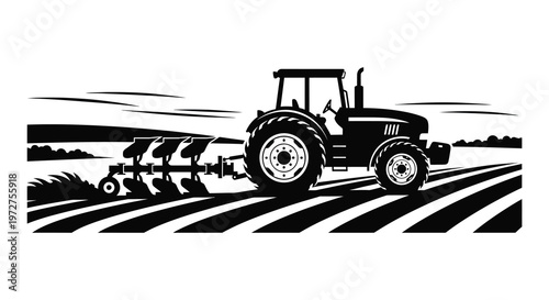 A striking black and white depiction of a tractor plowing a field showcasing a bold silhouette high quality professional detailed modern