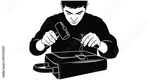 A craftsman intently works on a leather briefcase carefully using tools for detailed repair a striking silhouette high quality professional modern elegant
