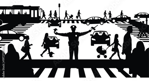 A busy city street scene depicting pedestrians and vehicles all rendered as a striking black silhouette high quality professional detailed modern