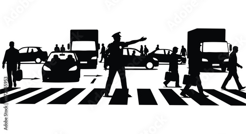 A bustling city street scene with pedestrians and vehicles depicted in a dramatic black silhouette high quality professional detailed modern elegant