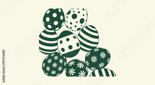 Decorative Dark Green Easter Egg Collection with Floral and Geometric Patterns Vector Illustration