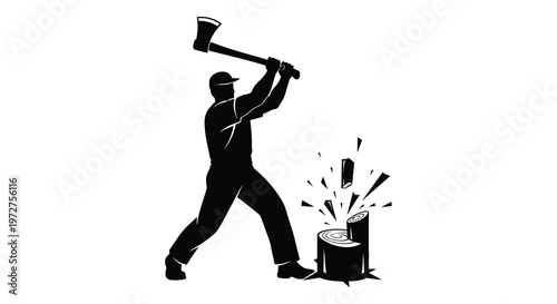 A lumberjack powerfully swings an axe splitting wood into pieces in a dynamic striking silhouette high quality professional detailed modern elegant