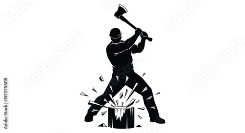 A lumberjack powerfully swings an axe splitting a log into pieces with dynamic force depicted as a silhouette high quality professional