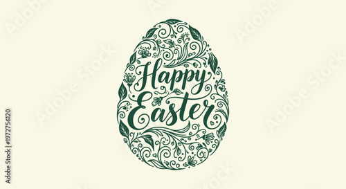 Happy Easter Floral Egg Greeting Card with Decorative Green Foliage and Calligraphy Lettering Design