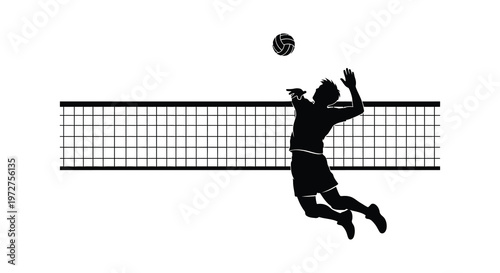 A dynamic black silhouette of a volleyball player spiking the ball over a net showcasing athletic motion silhouette high quality professional