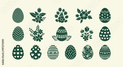 Dark Green Easter Egg Vector Silhouettes with Floral Patterns and Flowers on Beige Background