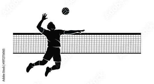 A dynamic depiction of a volleyball player jumping to spike the ball over the net presented as a silhouette high quality