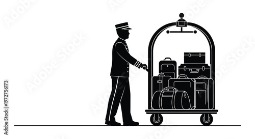 A black and white silhouette depicts a bellhop pushing a luggage cart filled with suitcases and travel bags silhouette high quality