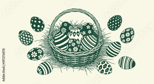 Monochrome Woodcut Style Easter Basket Illustration with Patterned Eggs for Holiday Greeting Cards