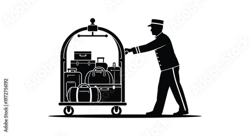 A vintage style illustration depicts a bellhop with luggage showcasing a striking black silhouette high quality professional detailed modern elegant stylish clean