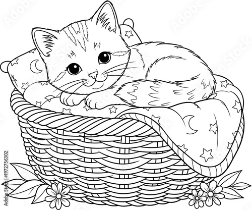 Cute kitten lying in a wicker basket with pillow and blanket at home