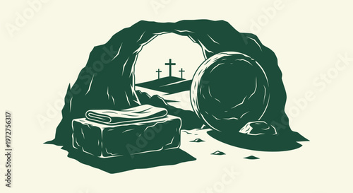 Easter Resurrection Vector Illustration of Empty Tomb of Jesus Christ with Crosses on Golgotha Hill