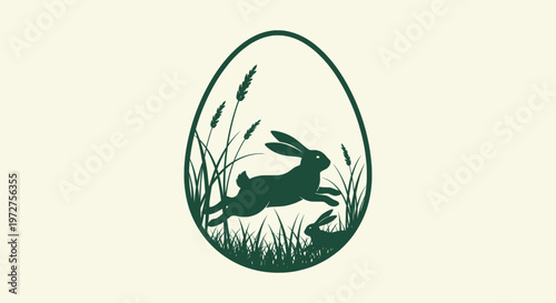 Jumping Bunny Silhouette Inside Egg Frame with Grass and Wheat Minimalist Easter Graphic Design