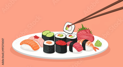 Sushi Rolls on Plate with Chopsticks.