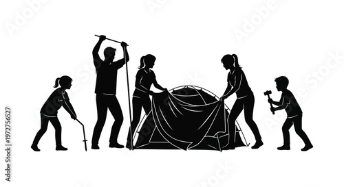 A family collaboratively sets up a dark tent outdoors depicted in a striking black silhouette high quality professional detailed modern elegant