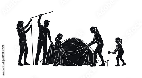 A family collaboratively erects a large tent outdoors depicted in a striking black silhouette high quality professional detailed modern elegant stylish