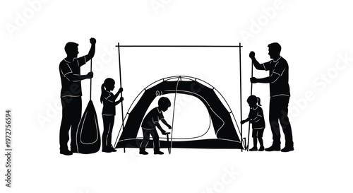 A family sets up camp outdoors featuring a tent figures and a distinct black silhouette high quality professional detailed modern elegant