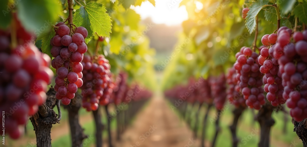 Obraz premium Red table grapes hang in rows on vines under warm sunlight. Vineyards stretch into distance creating agricultural landscape. Fresh fruit ready for harvest shows natural healthy food production.