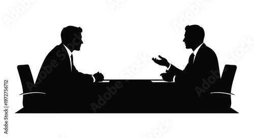 Two business professionals are seated across from each other at a desk engaged in a serious conversation silhouette high quality
