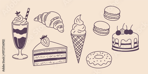 Hand drawn desserts and sweet drinks collection food