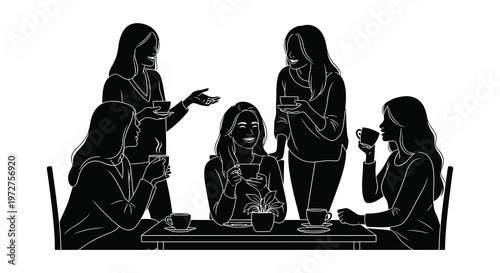 A group of women enjoying tea together at a table depicted in a striking black silhouette high quality professional detailed modern