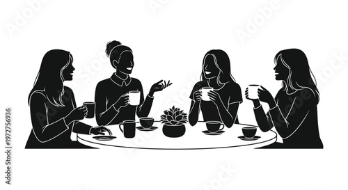 Four women are enjoying a coffee break together at a table depicted in a striking silhouette high quality professional detailed modern