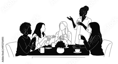 A group of five women are seated around a table enjoying beverages and conversation depicted as a silhouette high quality professional