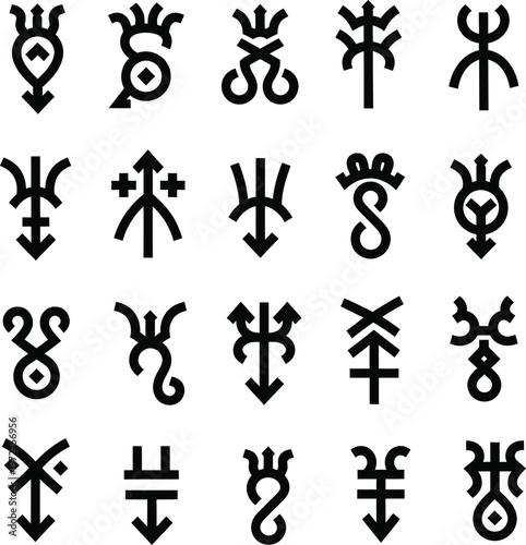 Collection of ancient alchemical and occult symbols in black and white