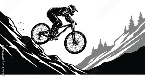 A downhill mountain biker navigates a steep slope captured in a striking black and white silhouette high quality professional detailed modern