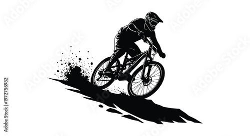 A dynamic illustration depicts a mountain biker in action captured in a striking black silhouette high quality professional detailed modern elegant