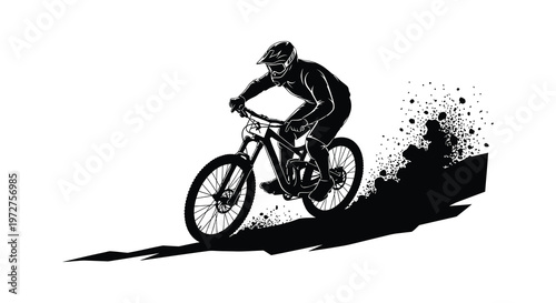 A dynamic illustration depicts a mountain biker mid air showcasing speed and skill in a striking silhouette high quality professional detailed modern