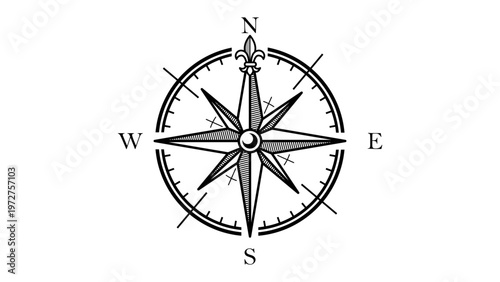 Vintage Nautical Compass Rose Vector Icon Illustration, Minimalist Black Line Art Sketch of a Classic Navigation Tool with Fleur-de-lis and Cardinal Directions on a Clean White Background